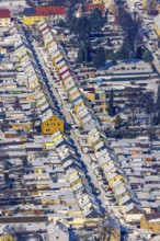 Aerial view, Friedrichstraße colliery housing estate, coloured house facades in the snow,