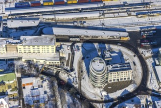 Aerial view, Unna railway station, Hotel Katharinen Hof, Unna, Ruhr area, North Rhine-Westphalia,