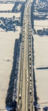 Aerial view, motorway A1 in winter, snow-covered roadway, Afferde, Unna, Ruhr area, North