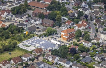 Aerial view, Rewe supermarket with solar roof, Massener Hellweg, primary school Schillerschule,
