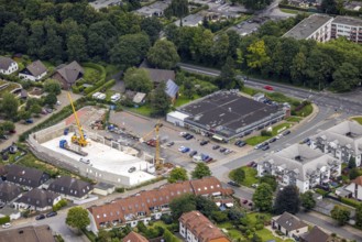 Aerial view, Edeka supermarket and construction site and new building Norma, Am Kastanienhof, Unna,