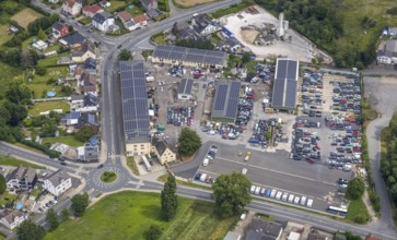 Aerial view, industrial area Nordstraße with solar roof buildings, car yard, Maßen, Unna, Ruhr