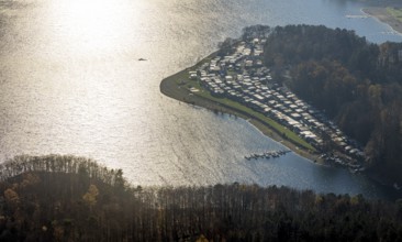 Aerial view, Sorpesee backlit with family camping Sorpesee campsite in the district of Langscheid