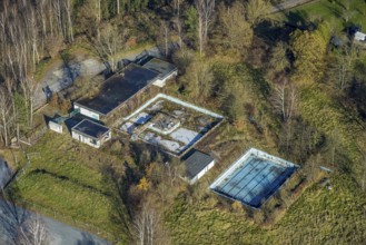 Aerial view, former outdoor swimming pool at the Sorpesee in the district Amecke in Sundern,