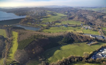 Aerial view, forest area and meadows with equalisation basin at the Sorpedamm in the district