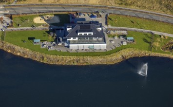 Aerial view, home harbour gastronomy at the lakeside promenade at the Sorpesee in the district