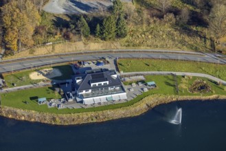 Aerial view, home harbour gastronomy at the lakeside promenade at the Sorpesee in the district