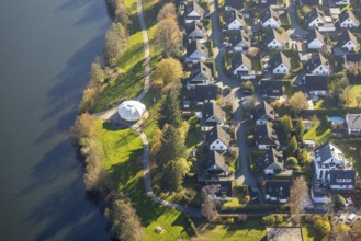 Aerial view, white pavilion at the air adventure trail at the Sorpe lake in the district Amecke in