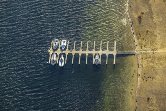 Aerial view, boat landing stage at Lake Sorpe in the district of Langscheid in Sundern, Sauerland,