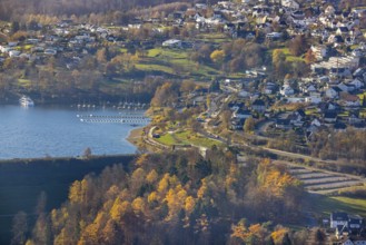 Aerial view, boat moorings Yachtclub Sorpesee am Sorpesee im Ortsteil Langscheid in Sundern,