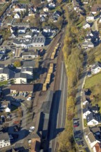 Aerial view, timber loading at Sundern railway station in Sundern, Sauerland, North