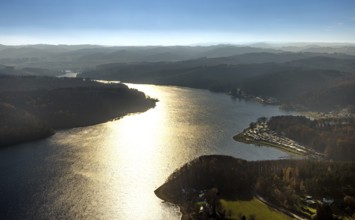 Aerial view, Sorpesee in backlight in the district Langscheid in Sundern, Sauerland, North