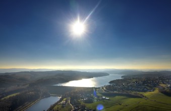 Aerial view, Sorpesee in backlight in the district Langscheid in Sundern, Sauerland, North