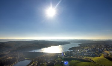 Aerial view, Sorpesee in backlight in the district Langscheid in Sundern, Sauerland, North