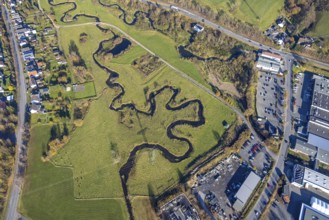 Aerial view, river meander of the Sorpe in the district Hachen in Sundern, Sauerland, North