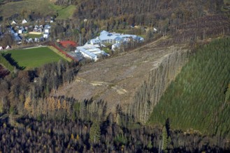 Aerial view, forest area with forest damage and sports and conference centre Hachen in the district