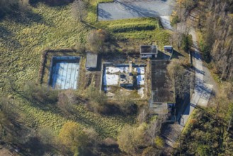 Aerial view, former outdoor swimming pool at the Sorpesee in the district Amecke in Sundern,