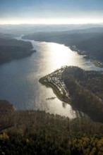 Aerial view, Sorpesee backlit with family campsite Sorpesee Campingplatz im Ortsteil Langscheid in