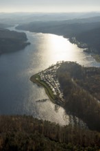 Aerial view, Sorpesee backlit with family campsite Sorpesee Campingplatz im Ortsteil Langscheid in