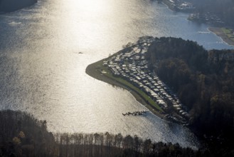 Aerial view, Sorpesee in backlight in the district Langscheid in Sundern, Sauerland, North
