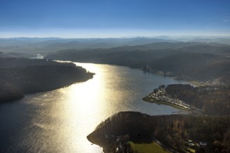 Aerial view, Sorpesee in backlight in the district Langscheid in Sundern, Sauerland, North