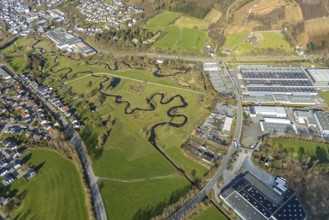 Aerial view, nature reserve Röhr, river Sorpe meander and river Röhr meander in Tiefenhagen near