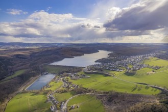 Aerial view, Lake Sorpe with dam, Langscheid, Sundern, Sauerland, North Rhine-Westphalia, Germany,