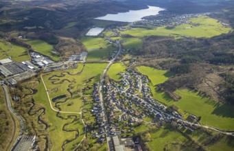 Aerial view, nature reserve Röhr, river Sorpe meander and river Röhr meander in Tiefenhagen near