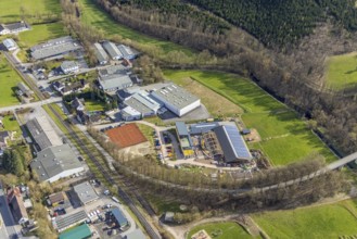 Aerial view, construction site and new building veterinary practice for horses and small animals in