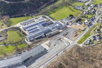 Aerial view, construction site hbwt e.K. Wärmebehandlungstechnik, Stemel, Sundern, Sauerland, North
