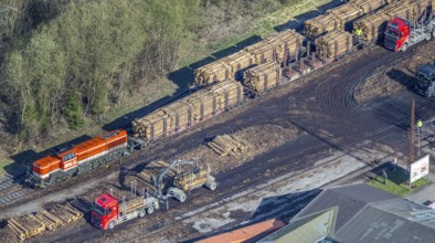 Aerial photo, timber transport and loading at Sundern station, Sundern, Sauerland, North