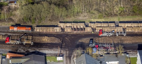 Aerial photo, timber transport and loading at Sundern station, Sundern, Sauerland, North