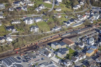 Aerial view, timber transport and loading at Sundern station, Sundern, Sauerland, North