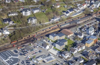 Aerial view, timber transport and loading at Sundern station, Sundern, Sauerland, North