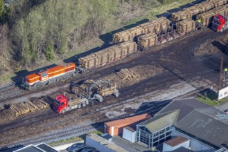 Aerial photo, timber transport and loading at Sundern station, Sundern, Sauerland, North