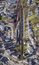 Aerial view, timber transport and loading at Sundern station, Sundern, Sauerland, North