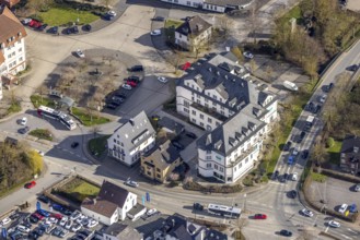 Aerial photo, Hotel Sunderland and Town Hall Square, Rathausplatz in Sundern, Sundern, Sauerland,