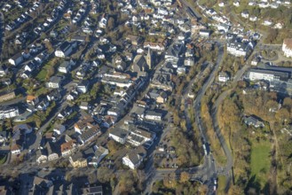 Aerial view, city centre with St. Johannes Church in Sundern, Sauerland, North Rhine-Westphalia,