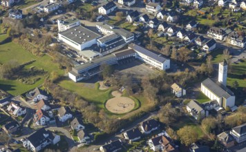 Aerial view, secondary school and Christkönigkirche in Sundern, Sauerland, North Rhine-Westphalia,