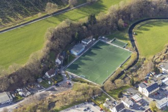 Aerial view, sports field Hüttenwiese at the river Röhr in Hachen, Sundern, Sauerland, North