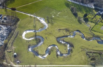 Aerial view, river Sorpe meander in Tiefenhagen near Hachen, Sundern, Sauerland, North