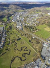 Aerial view, nature reserve Röhr, river Sorpe meander and river Röhr meander in Tiefenhagen near