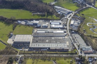 Aerial view, company premises Schulte Home GmbH in Tiefenhagen near Hachen, Sundern, Sauerland,