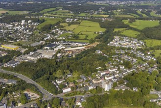 Aerial view, commercial area Berliner Straße and Prinzenstraße in the district Lindenberg in