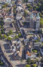 Aerial view, church tower renovation of the evang. Christuskirche in Schwelm, Ruhr area, North