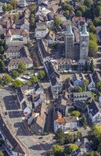 Aerial view, church tower renovation of the evang. Christuskirche in Schwelm, Ruhr area, North