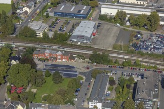 Aerial view, Schwelm railway station with red station building and bus station with solar roof and