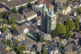 Aerial view, church tower renovation of the evang. Christuskirche and Altmarkt in Schwelm, Ruhr