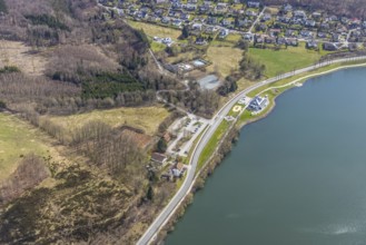 Aerial view, gastronomy home harbour at the lakeside promenade Seestraße, forest damage in the