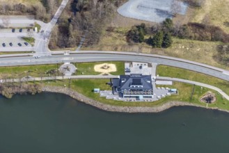 Aerial view, gastronomy home harbour at the lakeside promenade Seestraße, Sorpesee, Amecke,